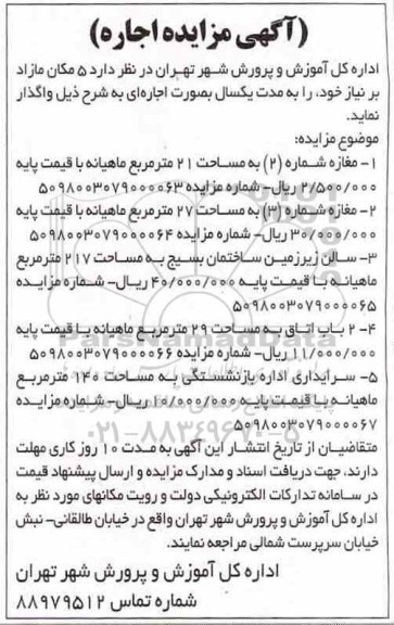 مزایده , مزایده اجاره 5 مکان مازاد بر نیاز