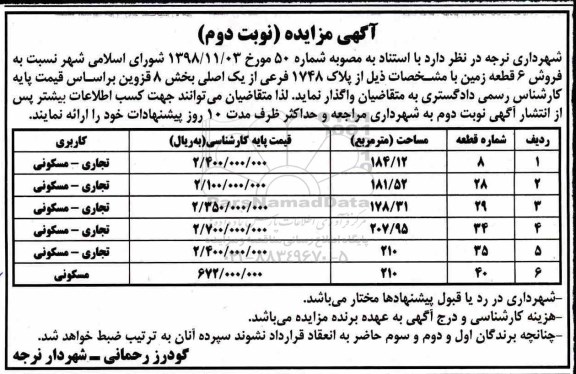 آگهی مزایده مزایده فروش 6 قطعه زمین پلاک 1748 فرعی نوبت دوم