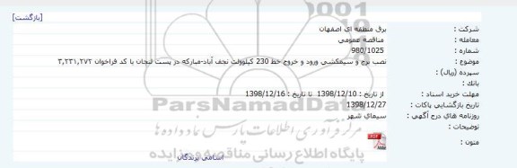 مناقصه نصب برج و سیمکشی ورودو خروج خط 23 کیلو ولت