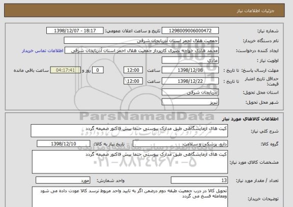 استعلام کیت های ازمایشگاهی طبق مدارک پیوستی حتما پیش فاکتور ضمیمه گردد