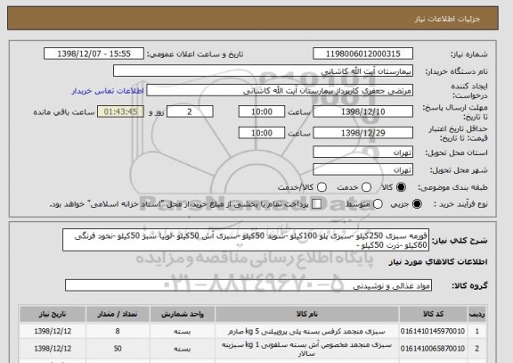 استعلام قورمه سبزی 250کیلو -سبزی پلو 100کیلو -شوید 50کیلو -سبزی آش 50کیلو -لوبیا سبز 50کیلو -نخود فرنگی 60کیلو -ذرت 50کیلو -