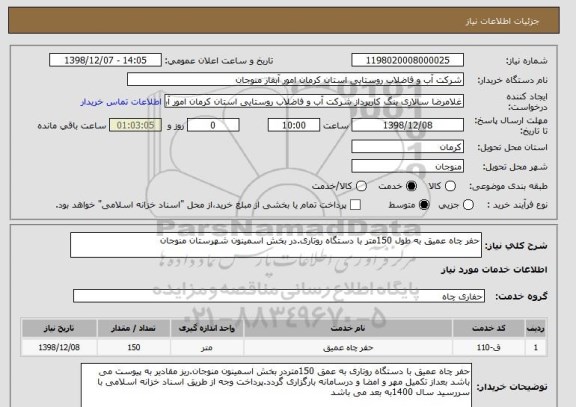 استعلام حفر چاه عمیق به طول 150متر با دستگاه روتاری.در بخش اسمینون شهرستان منوجان