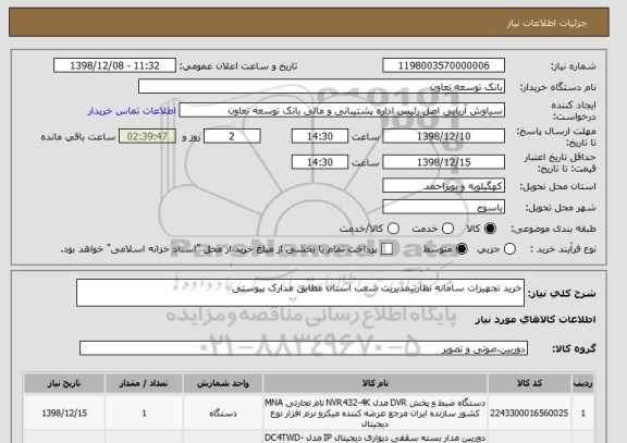 استعلام خرید تجهیزات سامانه نظارتیمدیریت شعب استان مطابق مدارک پیوستی
