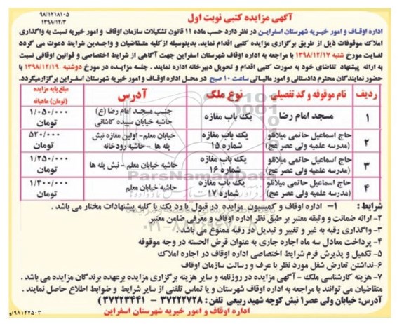 مزایده،مزایده کتبی واگذاری یک باب مغازه ...