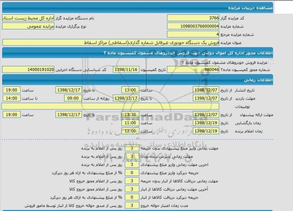 مزایده، مزایده فروش یک دستگاه خودروی غیرقابل شماره گذاری اسقاطی مراکز اسقاط 