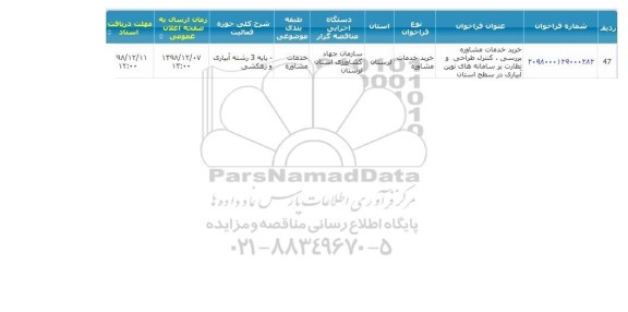 مناقصه، مناقصه خرید خدمات مشاوره بررسی، کنترل طراحی و نظارت بر سامانه های نوین آبیاری 