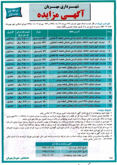 آگهی مزایده ، مزایده واگذاری تعداد 17 قطعه زمین