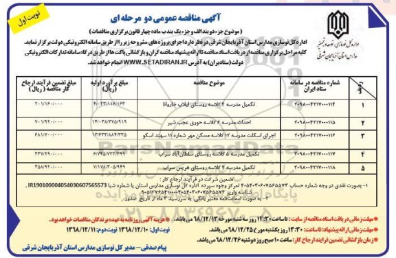 آگهی مناقصه عمومی , مناقصه تکمیل مدرسه 4 کلاسه ...