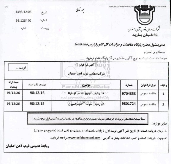 فراخوان, فراخوان 37 ردیف تجهیزات مرکز دیتا و...نوبت دوم 