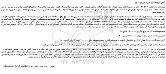 مزایده، مزایده فروش ششدانگ یکباب خانه بمساحت تقریبی 60 متر مربع 