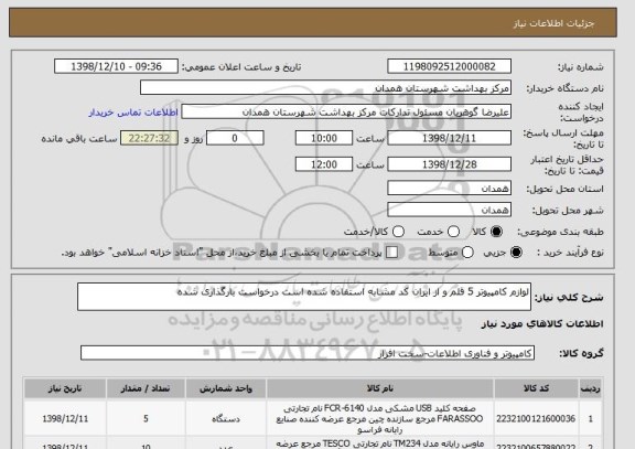استعلام لوازم کامپیوتر 5 قلم و از ایران کد مشابه استفاده شده است درخواست بارگذاری شده