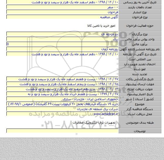 خرید ۱۹ دستگاه فیدرهای بخش ۲۰ کیلوولت پست ۶۳ گمیشان ( عمومی ۹۸/۱-۸۲ )