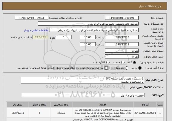 استعلام 6 دستگاه دوربین تحت شبکه JVC
با مشخصات پیوستی