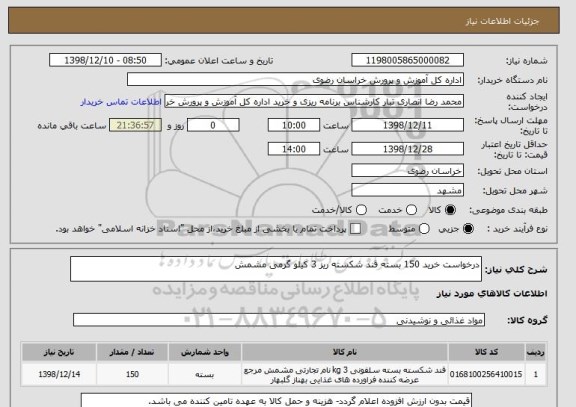 استعلام درخواست خرید 150 بسته قند شکسته ریز 3 کیلو گرمی مشمش 
