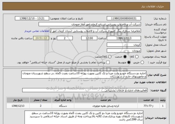 استعلام اجاره دو دستگاه خودرو وانت مزدا و تک کابین بصورت روزانه 10ساعت بمدت 5ماه .در سطح شهرستان منوجان و ماموریتهای خارج از شهرستان