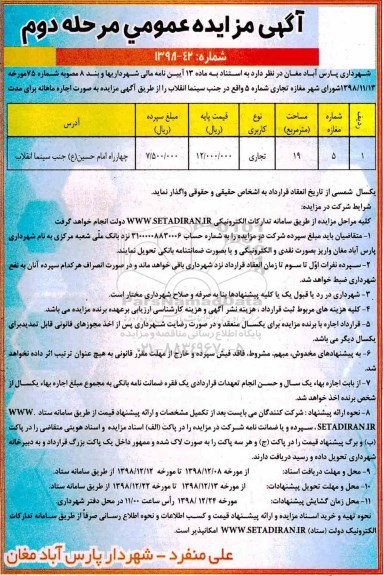 مزایده , مزایده اجاره مغازه تجاری شماره 5-مرحله دوم