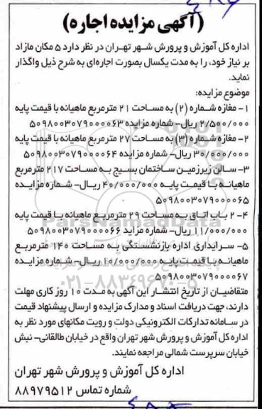 مزایده , مزایده اجاره 5 مکان مازاد بر نیاز