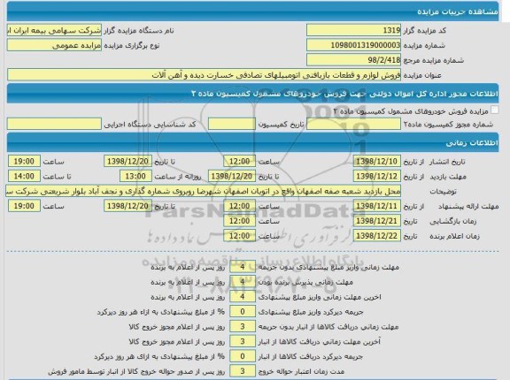 مزایده فروش لوازم و قطعات بازیافتی اتومبیل های تصادفی خسارت دیده