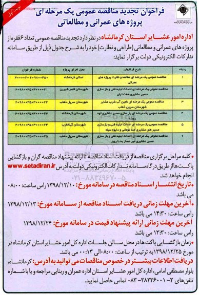 تجدید مناقصه عمومی, مناقصه عمومی یک مرحله ای مطالعه و نظارت پروژه های عمرانی و ...تجدید 