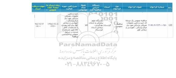 مناقصه، مناقصه خرید ملزومات مصرفی پزشکی