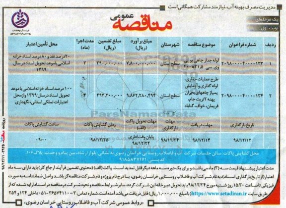 مناقصه عمومی ,مناقصه لوله جدار چاهی یو پی وی سی ..
