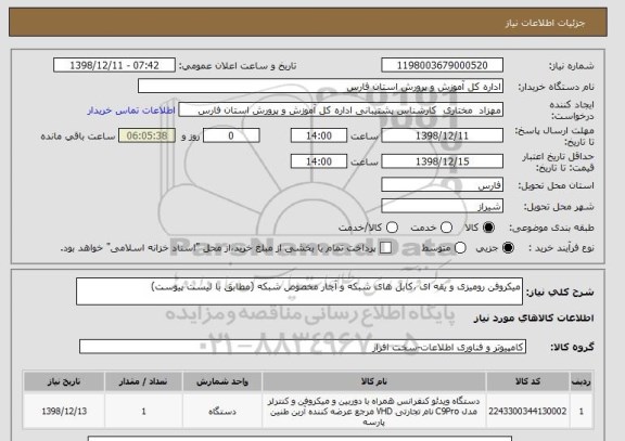 استعلام میکروفن رومیزی و یقه ای ،کابل های شبکه و آچار مخصوص شبکه (مطابق با لیست پیوست)