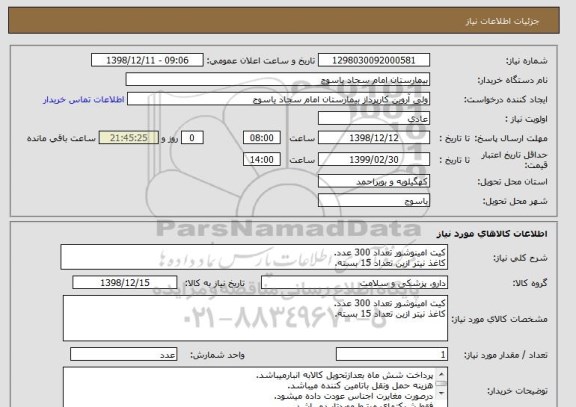 استعلام کیت امینوشور تعداد 300 عدد.
کاغذ نیتر ازین تعداد 15 بسته.