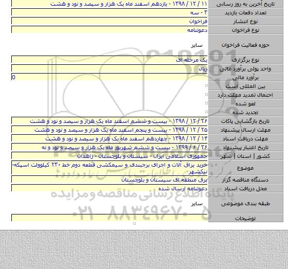 خرید یراق آلات و اجرای برجبندی و سیمکشی قطعه دوم خط ۲۳۰ کیلوولت اسپکه-نیکشهر
