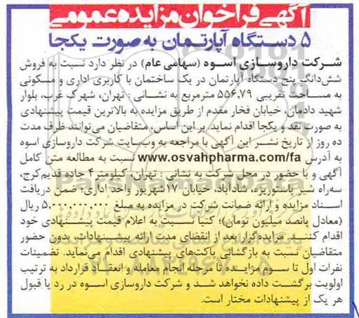 آگهی مزایده مزایده پنج دستگاه آپارتمان با کاربری اداری و مسکونی