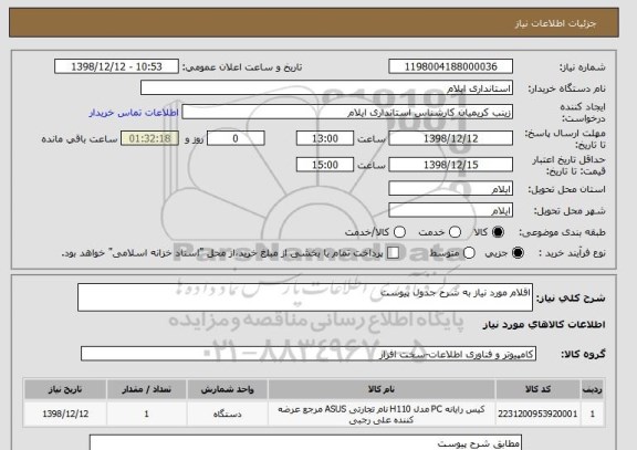 استعلام اقلام مورد نیاز به شرح جدول پیوست