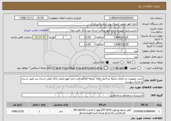 استعلام خرید تجهیزات و اجرای شبکه ساختار یافته شعبه کارگشایی اداره امور شعب بانک ملی استان یزد طبق اسناد و مدارک پیوست