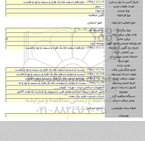 تامین خدمات نیروی انسانی بخش فنی ژشتیبانی و حراست به تعداد ۸۴نفر