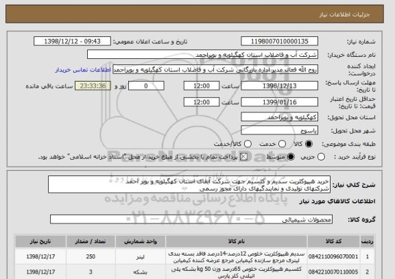 استعلام خرید هیپوکلریت سدیم و کلسیم جهت شرکت آبفای استان کهگیلویه و بویر احمد
شرکتهای تولیدی و نمایندگیهای دارای مجوز رسمی