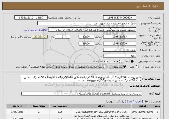 استعلام شیرپروانه ای 200م م 16عدد،شیرپروانه ای150م م7عدد،شیر فلکه50م م4عدد،شیرفلکه 150م م2عدد،شیر فلکه 200م م3عدد،شیر تخلیه هوا50م م دوروزنه4عدد