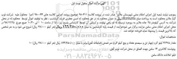 مزایده، مزایده فروش مقدار 4/375 کیلو گرم (چهار تن و سیصدو هفتاد و پنج کیلو گرم) سر شمش (ضایعات آهن)