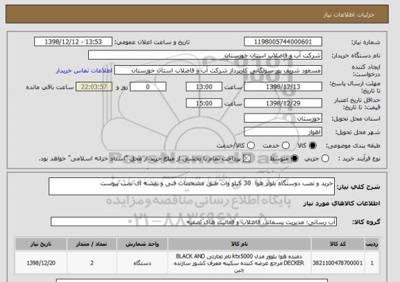 استعلام خرید و نصب دوستگاه بلوئر هوا  30 کیلو وات طبق مشخصات فنی و نقشه ای نصب پیوست