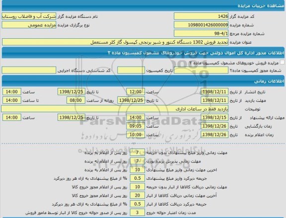 مزایده، مزایده فروش دستگاه کنتور و شیر برنجی کپسول گاز کلر 