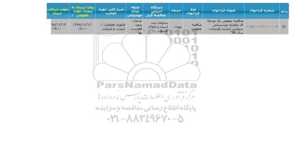 مناقصه، مناقصه برقراری و پشتیبانی سرویس اینترنت و اینترانت سال 99