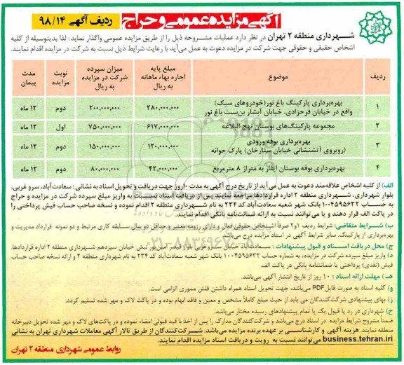 مزایده , مزایده بهره برداری پارکینگ ...