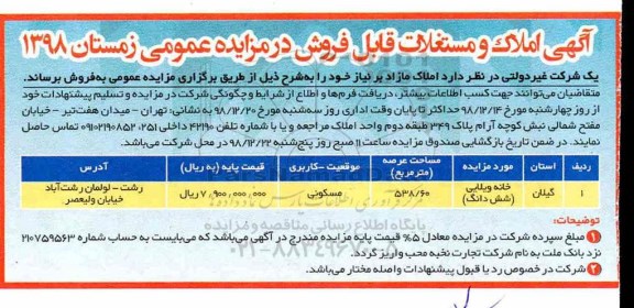 مزایده مزایده فروش املاک و مستغلات 538.60 متر مربع 