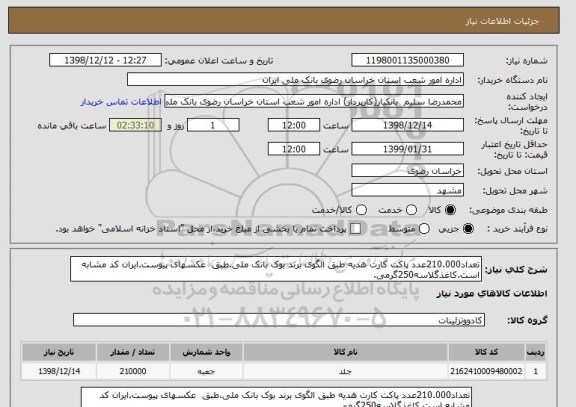 استعلام تعداد210.000عدد پاکت کارت هدیه طبق الگوی برند بوک بانک ملی.طبق  عکسهای پیوست.ایران کد مشابه است.کاغذگلاسه250گرمی.