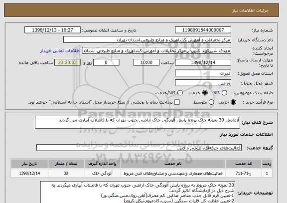 استعلام آزمایش 30 نمونه خاک پروژه پایش آلودگی خاک اراضی جنوب تهران که با فاضلاب آبیاری می گردند