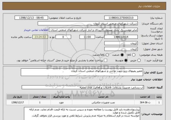 استعلام تعمیر پمپھای رزرو جھت نواحی و شھرکھای صنعتی استان کرمان