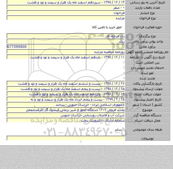 تجدید فروش ۱۳۰۲ دستگاه کنتور و شیر برنجی کپسول گاز کلرمستعمل