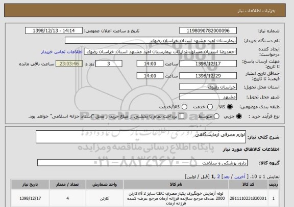 استعلام لوازم مصرفی آزمایشگاهی