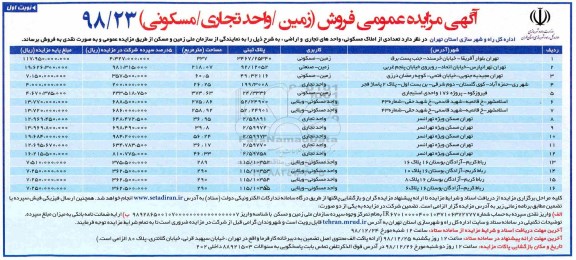 مزایده مزایده فروش تعدادی از املاک مسکونی ، واحد تجاری و اراضی