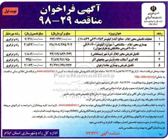 مناقصه عملیات تکمیلی محور ...