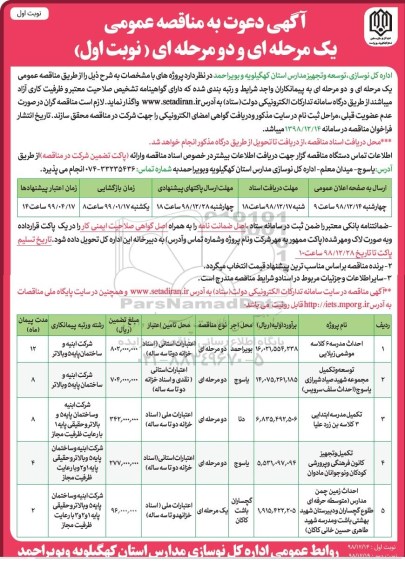 مناقصه، مناقصه احداث مدرسه 6 کلاسه و...
