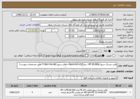 استعلام هارد دیسک سرور HP DL380p ، رم Cisco-Ucs-c220 ، هارد سرور Cisco Ucs M3 ( طبق مشخصات پیوست)