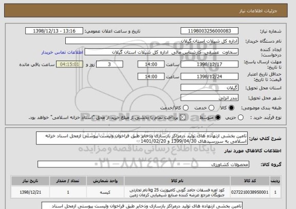 استعلام تامین بخشی ازنهاده های تولید درمراکز بازسازی وذخایر طبق فراخوان ولیست پیوستی ازمحل اسناد خزانه اسلامی به سررسیدهای 1399/04/30 و 1401/02/20